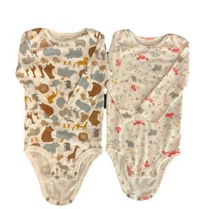 Unisex Baby Bodysuit 18 Mth Set of 2 Long Sleeve Snap Close Animals Print White